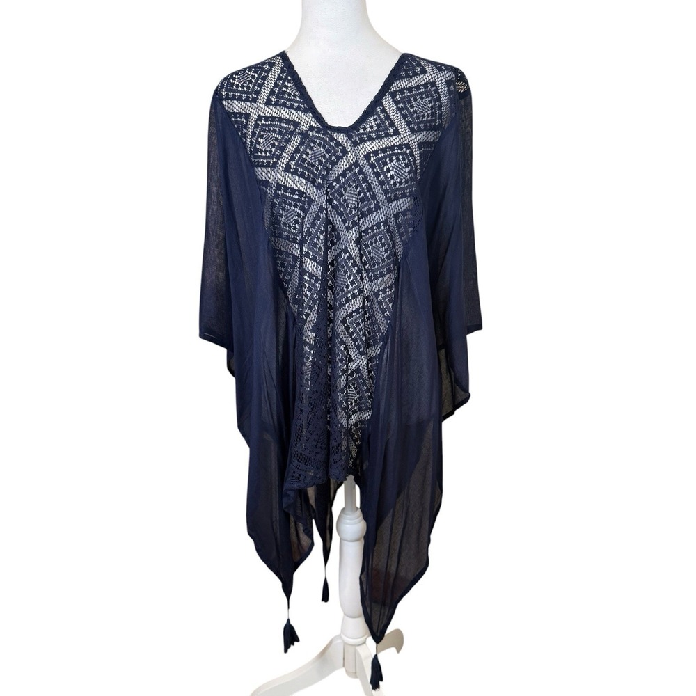 New York & Company Navy Blue Cover Up Kimono Poncho Open Knit Tassels One Size